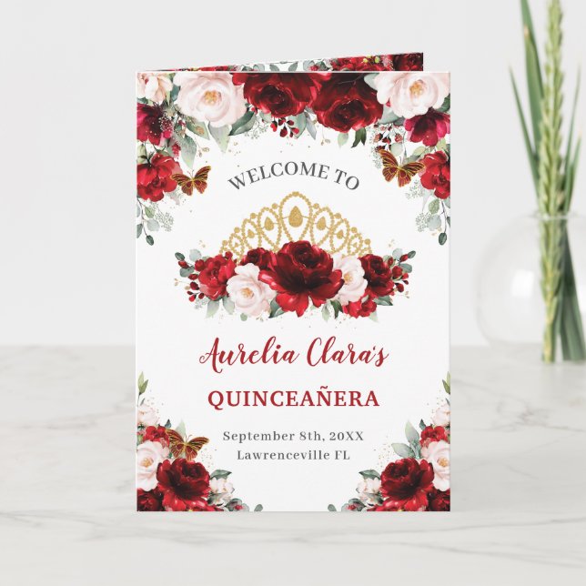 Programme Rouge Blush Floral Or Quinceañera Ordre des événem (Devant)