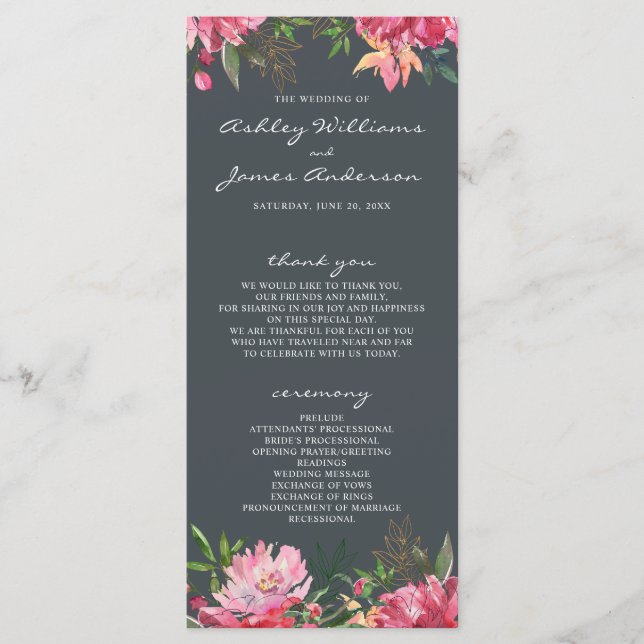Programme Ruby Pink Peony Mariage botanique (Devant)