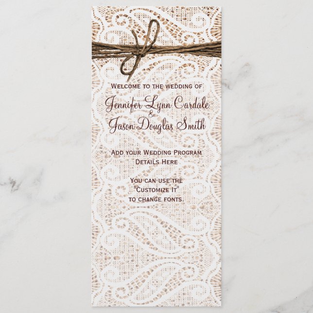 Programme Rustic Burlap Lace Twine Mariage campagnard (Devant)
