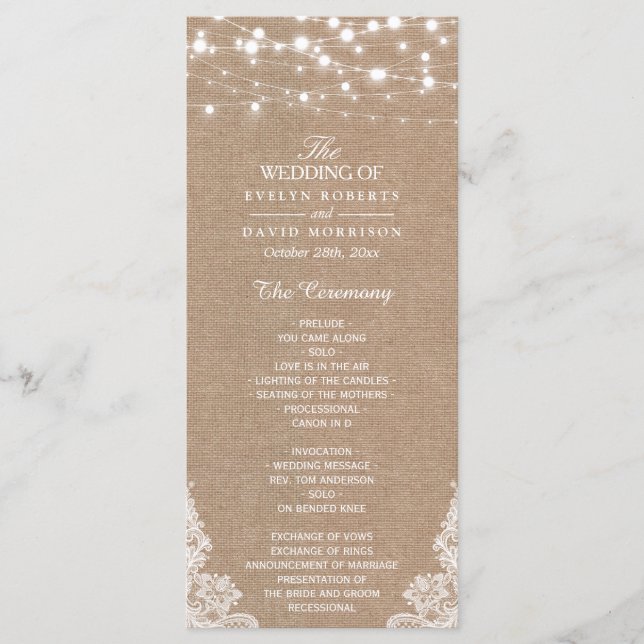 Programme Rustic Burlap String Lights Lights Lace Wedding Pr (Devant)