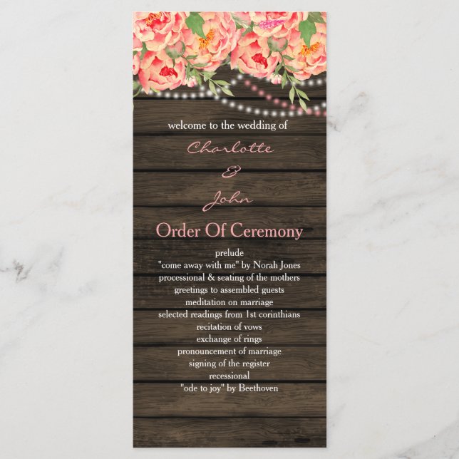 Programme Rustic Country Peony Grange Mariage bois (Devant)