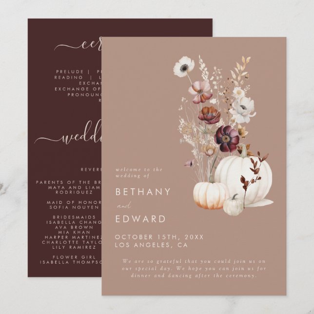 Programme Rustic Fall Taupe Floral Citrouille Mariage (Devant / Derrière)