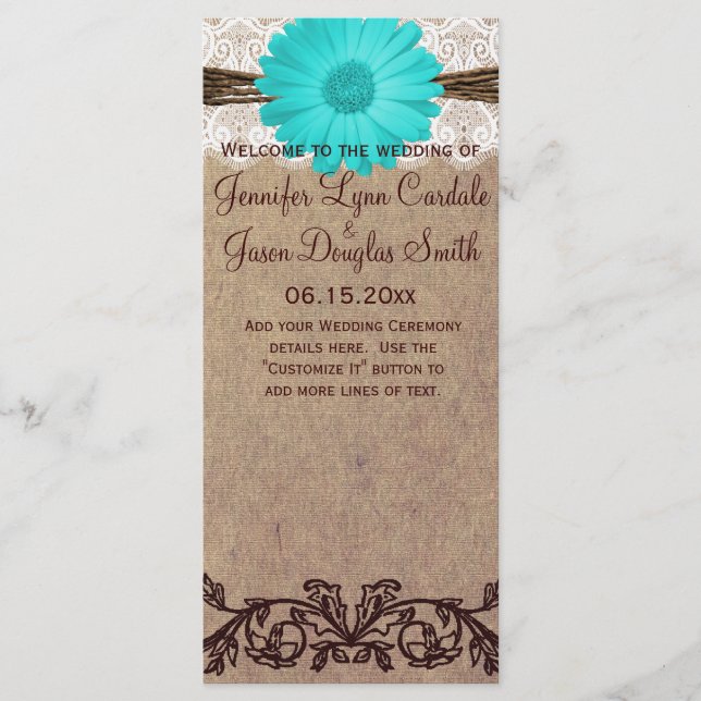 Programme Rustic Turquoise Gerber Daisy Mariage campagnard P (Devant)