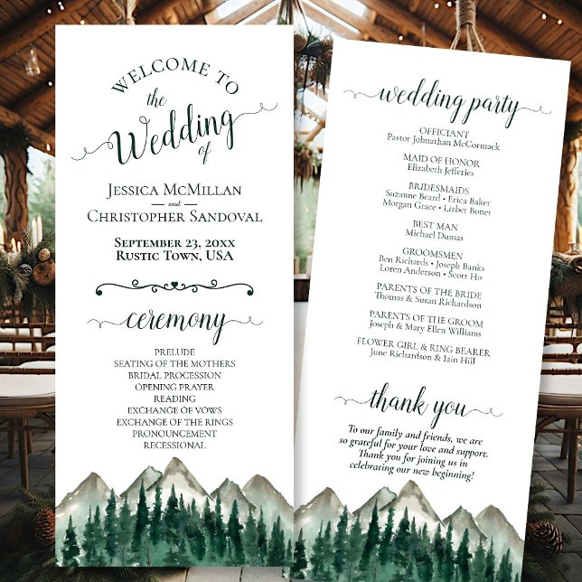Programme Rustic Watercolor Mountains & Pine Mariage (Front/Back)