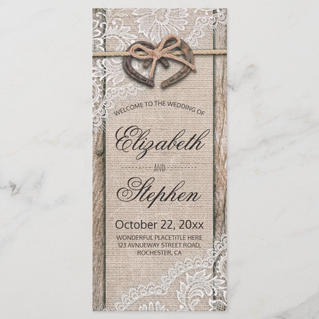 Programme Rustic Wood Horseshoes Burlap Lace Wedding Program (Devant)
