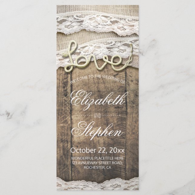 Programme Rustic Wood Love Rope Burlap Lace Wedding Programm (Devant)