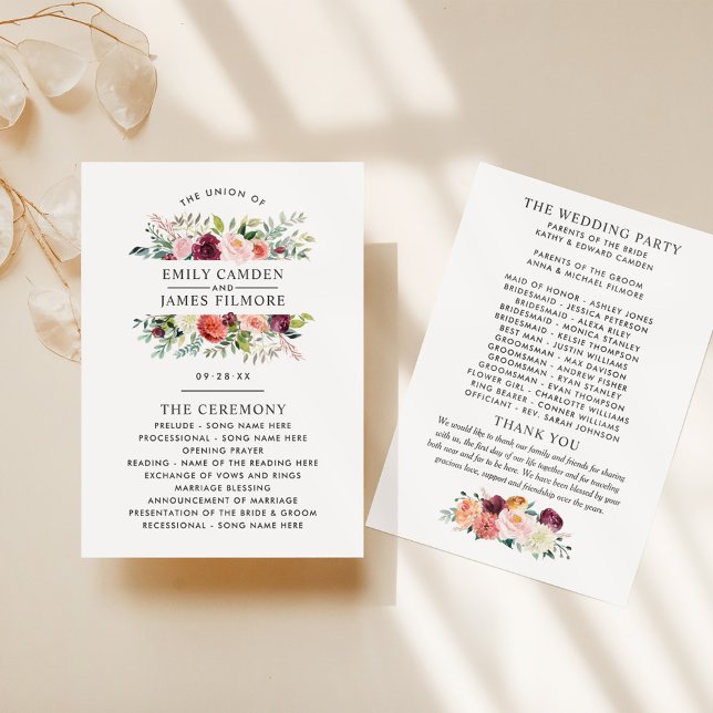 Programme Rustique Bourgogne Blush Automne Floral Mariage Cé (Créateur téléchargé)