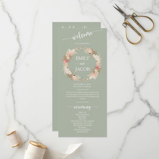Programme Sage Green Boho Floral Wreath Mariage Flat Program (Devant/Arrière en situation)