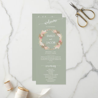 Programme Sage Green Boho Floral Wreath Mariage Flat Program