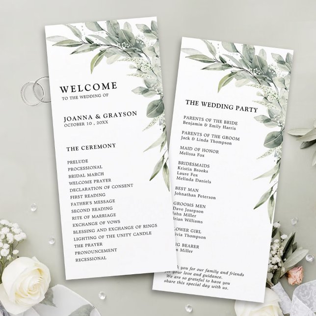 Programme Sage Green Eucalyptus Minimaliste Mariage botaniqu (Sage green botanical wedding program card)