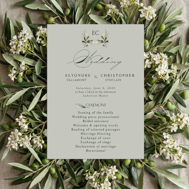 Programme Sage Green Olive Branch Monogram Wedding Program  (Créateur téléchargé)