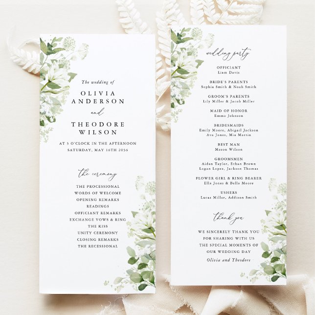 Programme Sage Green Organic Greenery Wedding Ceremony (Sage green organic greenery wedding program, ceremony order & wedding party list, elegant botanical)
