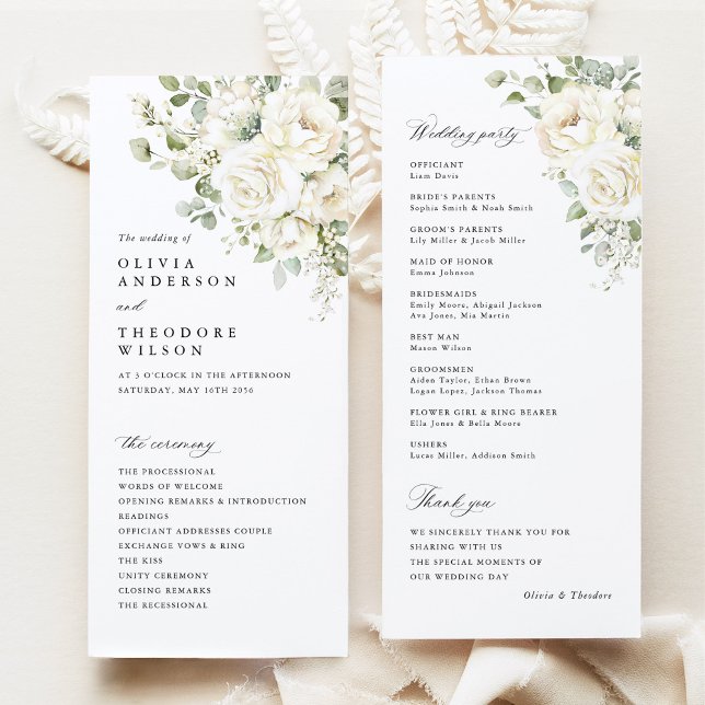 Programme Sage Green White Floral Elegant Wedding Ceremony (Sage green white floral wedding program card, watercolor modern classic order of ceremony stationery)