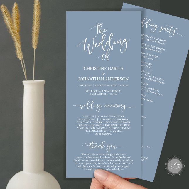Programme Script élégant moderne, Cérémonie Mariage (Wedding Program Ceremony Card, Modern Romantic Script, Dusty Blue)