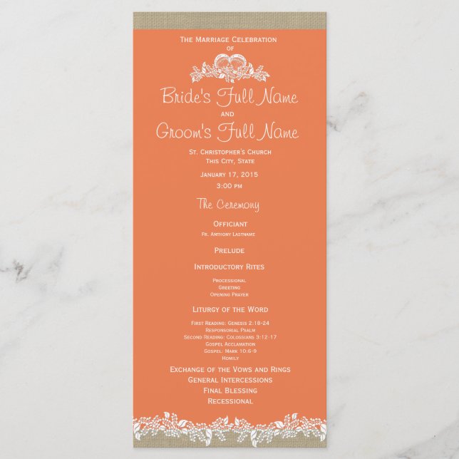 Programme Sea Garland Tangerine et Burlap Wedding Program (Devant)