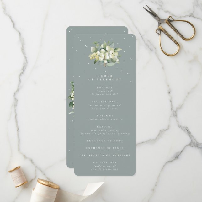 Programme Seafoam Green Snowberry+Eucalyptus Bouquet Mariage (Devant/Arrière en situation)