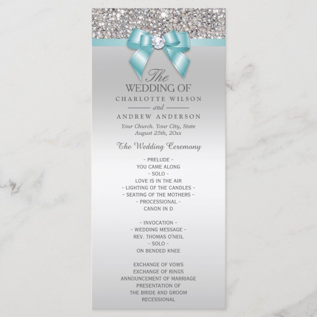 Programme Séquins d'argent Light Turquoise Bow Wedding Progr (Devant)