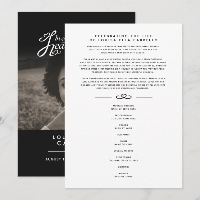 Programme Service commémoratif de photo coeurs noir blanc (Devant / Derrière)