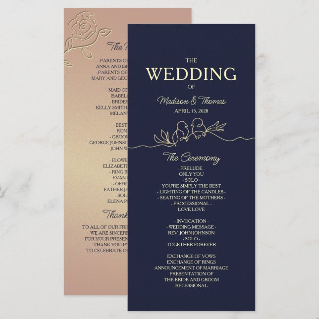 Programme simple de mariage bleu marine (Devant / Derrière)