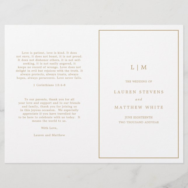 Programme simple de mariage de monogramme d'or ant (Devant)