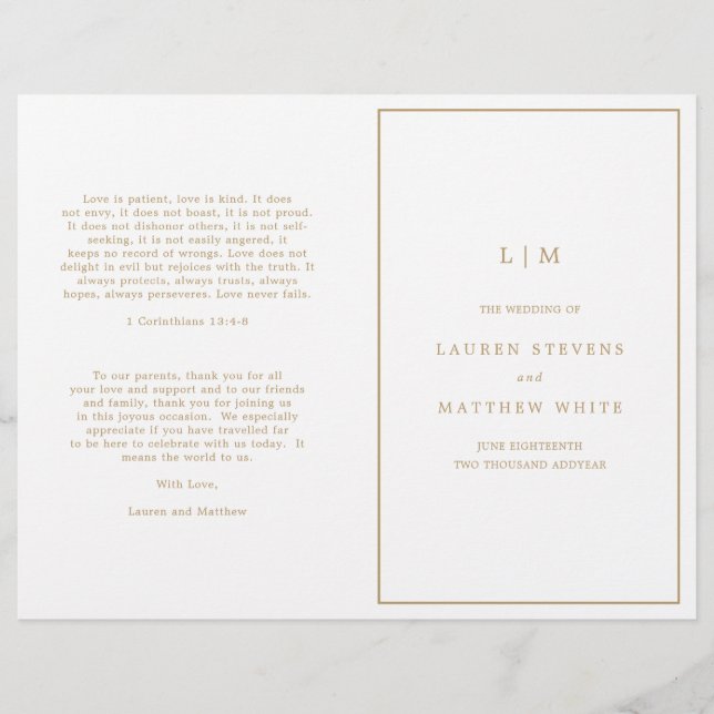 Programme simple de mariage de monogramme d'or ant (Devant)