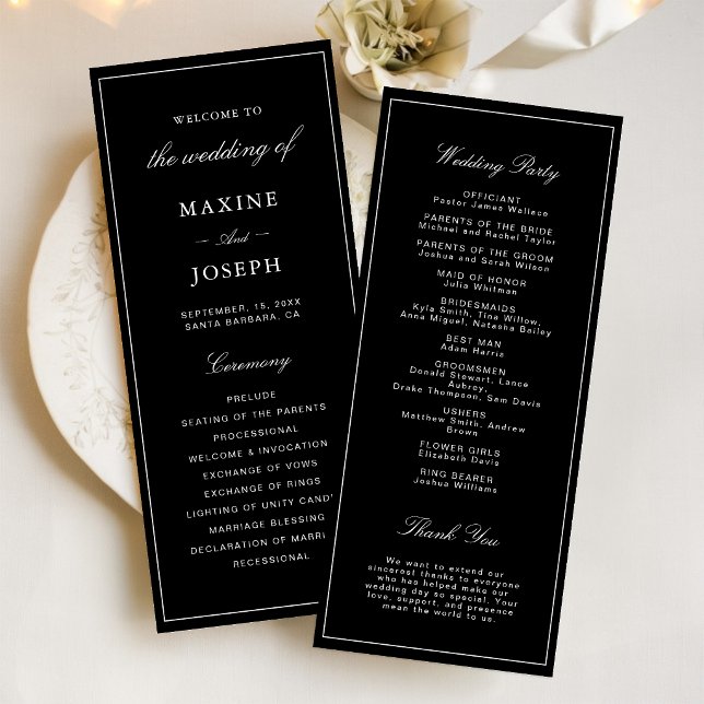 Programme Simple Élégant Formel Mariage Noir & Blanc (Simple black and white wedding program keeps guests informed with elegant style.)