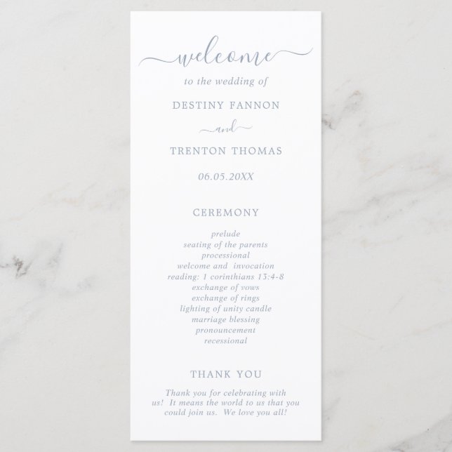 Programme Simple Élégant Mariage Bleu Poussiéreux Script (Devant)