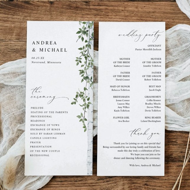 Programme Simple Mariage de Feuillage de Verdure de Bouleau (Birch or aspen tree wedding programs - outdoor greenery wedding.)