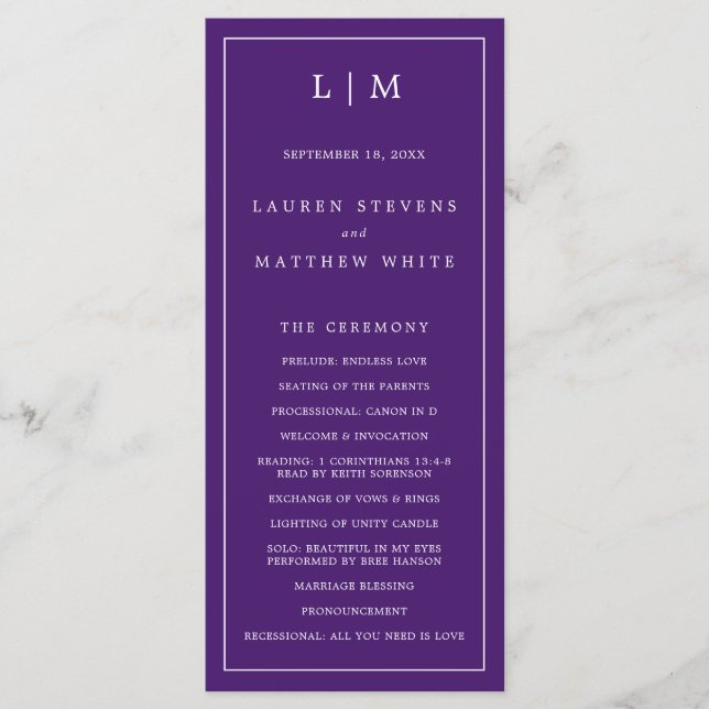 Programme Simple Mariage Élégant Monogramme Violet (Devant)