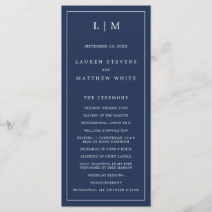 Programme Simple Monogramme Bleu Marine Élégant de Mariage