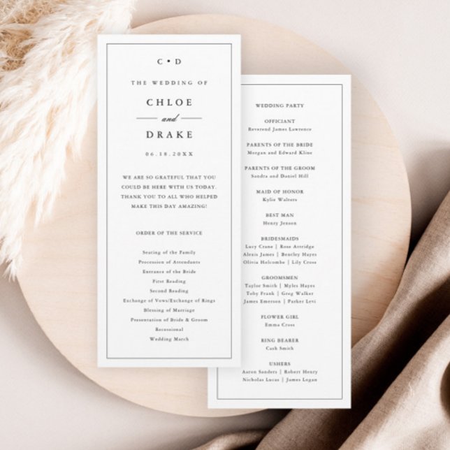 Programme Simple Monogramme de Mariage Noir et Blanc de Céré (Simple Monogram Wedding Ceremony Program.)