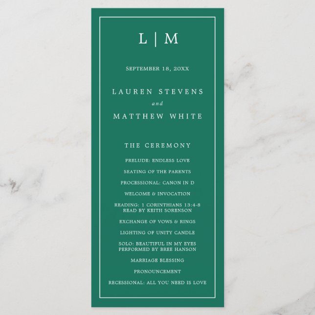 Programme Simple Monogramme Vert Émeraude Élégant Mariage (Devant)