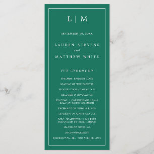 Programme Simple Monogramme Vert Émeraude Élégant Mariage