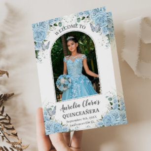 Programme Sky Blue Floral Silver Quinceañera Ordre des événe