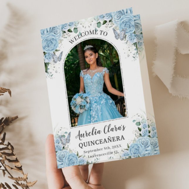 Programme Sky Blue Floral Silver Quinceañera Ordre des événe (Créateur téléchargé)