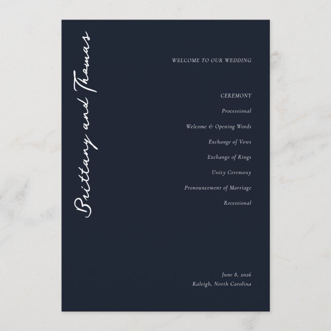 Programme Sophisticated Navy Minimalist Wedding Program (Devant)
