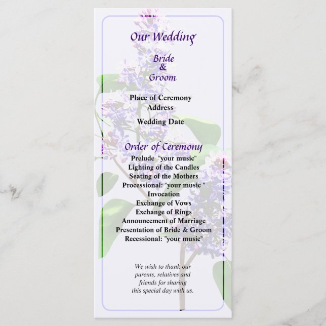 Programme Spray of Lilacs Wedding Program (Devant)