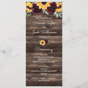 Programme Sunflower et Rose Rustic Wood Wedding Program