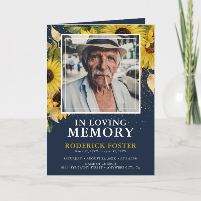 Programme Sunflower Navy & Gold Elegant Funeral Program (Devant)