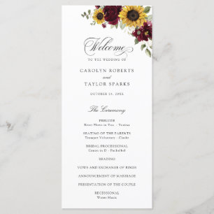 Programme Sunflowers Bourgogne Floral Rustic Wedding Program
