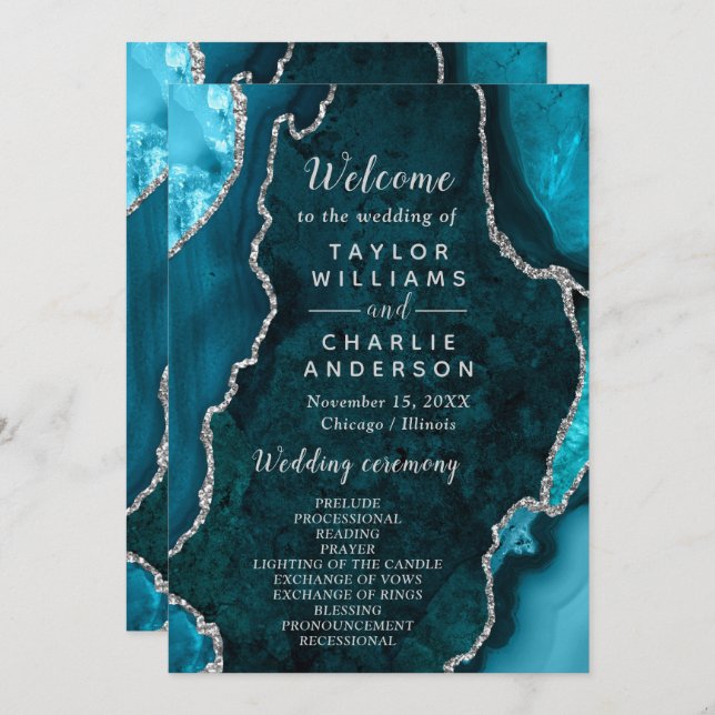 Programme Teal Blue and Silver Agate Wedding Program (Devant / Derrière)