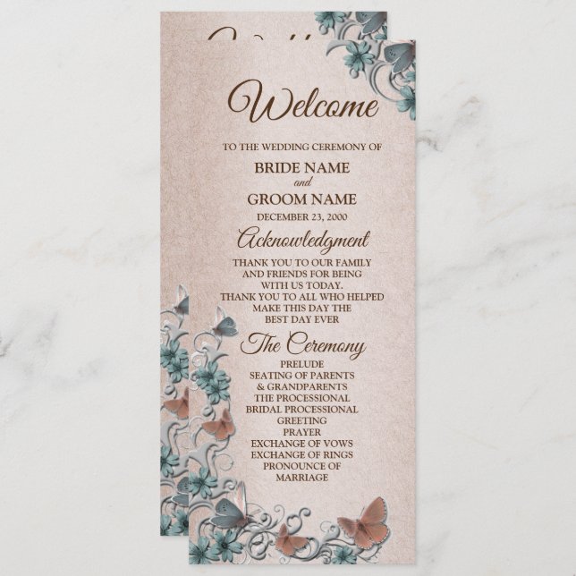 Programme Teal Silver Floral Copper Butterfly Tan Wedding (Devant / Derrière)