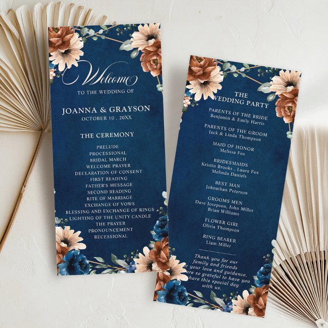 Programme Terracotta Marine Bleu Vert Mariage géométrique Pr (Terracotta Navy Blue Greenery Geometric Wedding Program card)