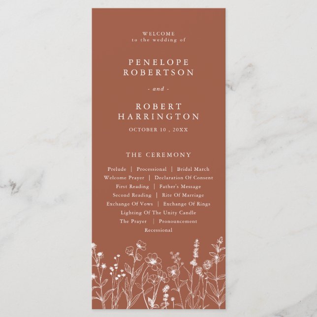 Programme Terracotta Rustic Fall Fleur sauvage Wedding Progr (Devant)