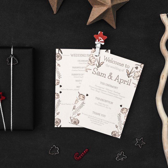 Programme Thème Brown Floral Mariage (Wedding ceremony detailed card in your wedding theme)