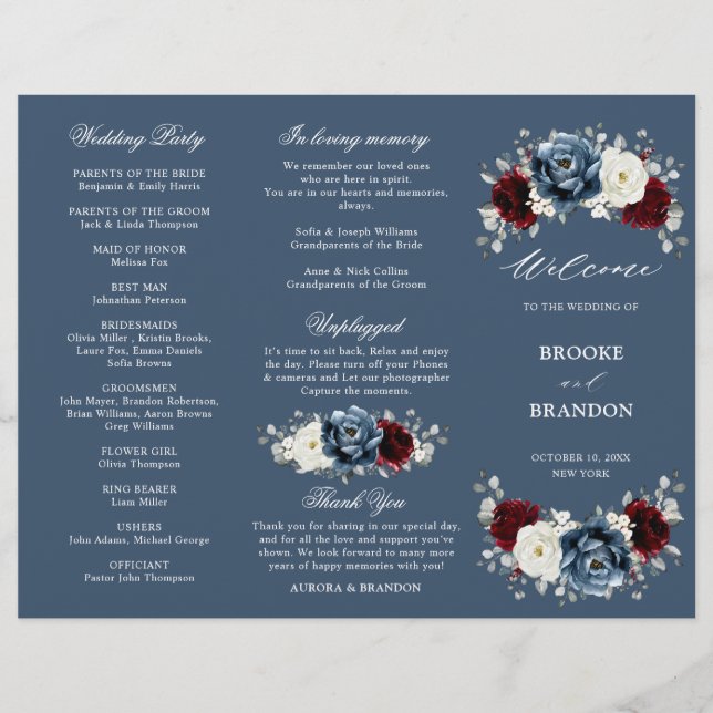 Programme triptyque de mariage bohème bleu ardoise (Devant)