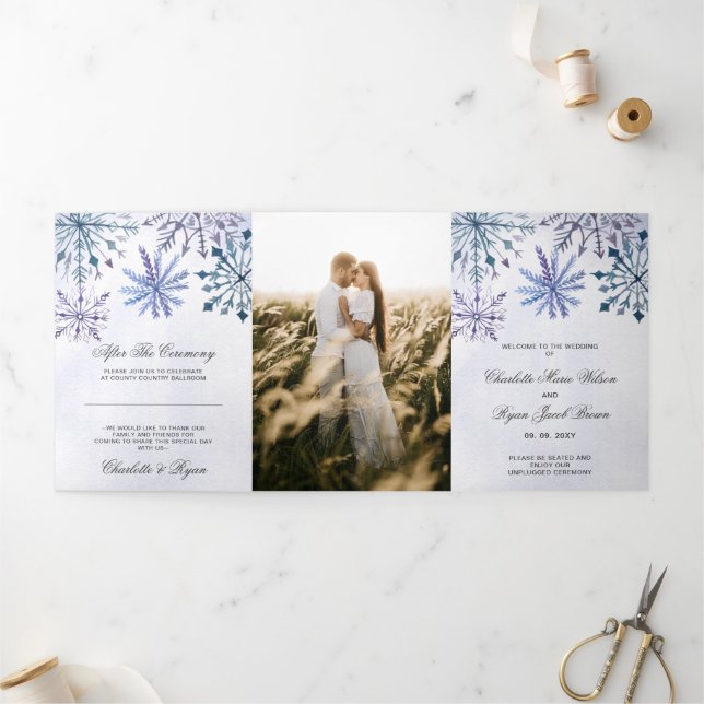Programme Trois Volets Aquarelle Bleu Flocon de neige Mariage hivernal (Extérieur)