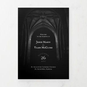 Programme Trois Volets Arc gothique Mariage élégant Noir et Blanc foncé