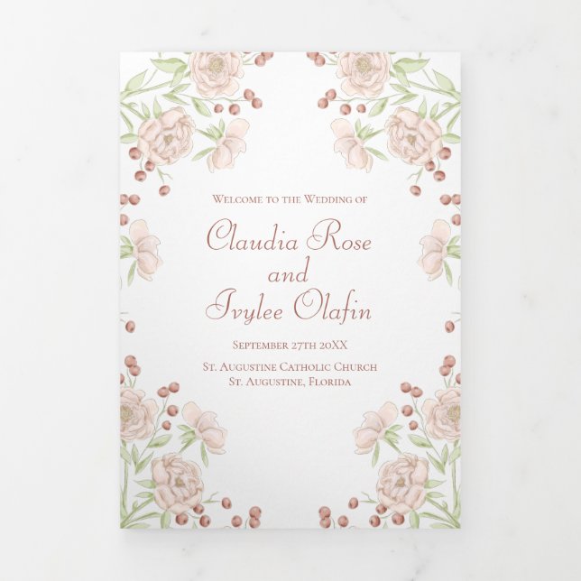 Programme Trois Volets Blush Pink Roses Wedding Programs (Page de couverture)