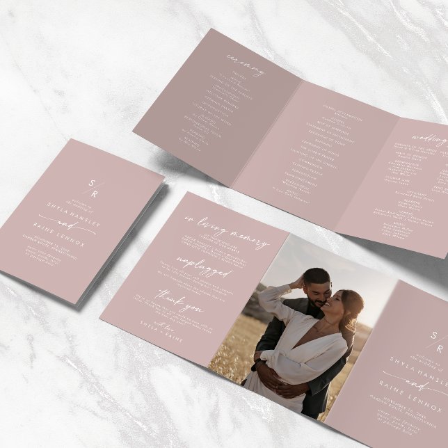 Programme Trois Volets Boho Chic Dusty Rose rose Mariage Monogramme (Créateur téléchargé)